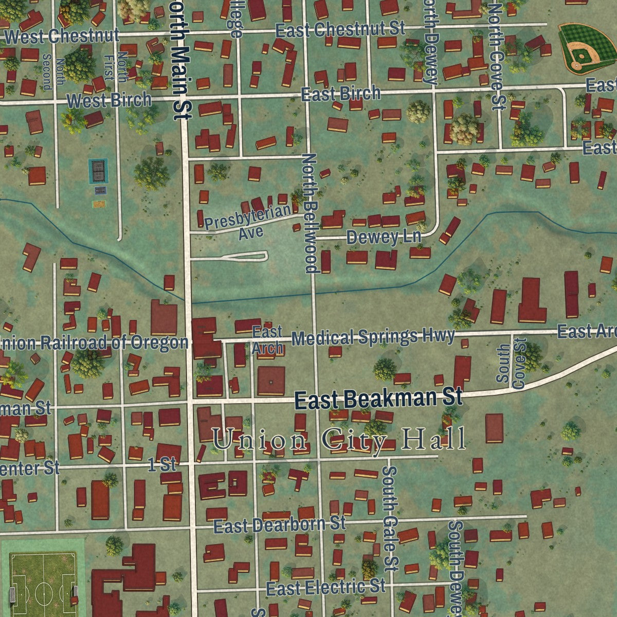 Close-up of the map of Union, Oregon print showing street and building detail