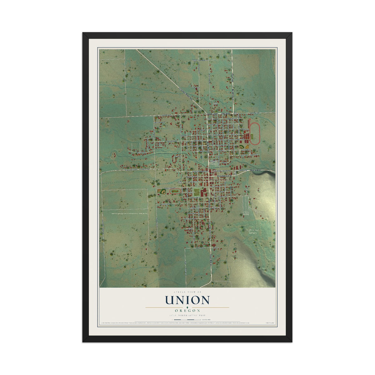 Map of Union, Oregon, 12 x 18 inch print in a black wood frame