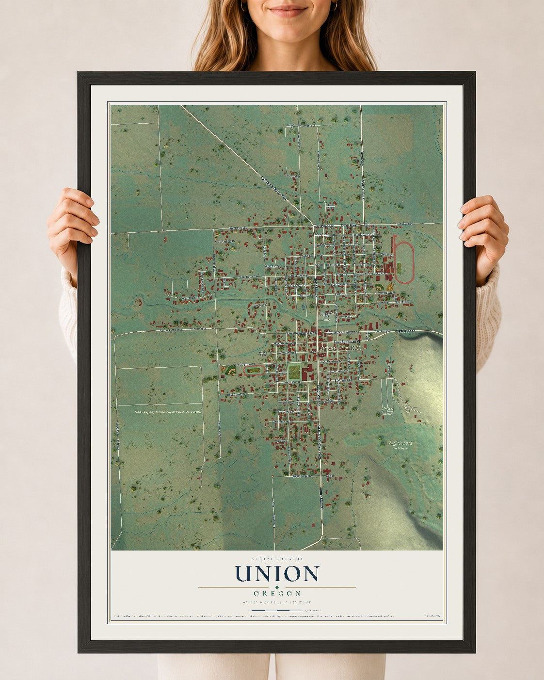 Map of Union, Oregon, 24 x 36 inch print in a black wood frame