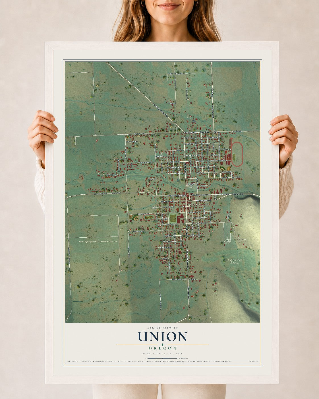 Map of Union, Oregon, 24 x 36 inch print in a white wood frame