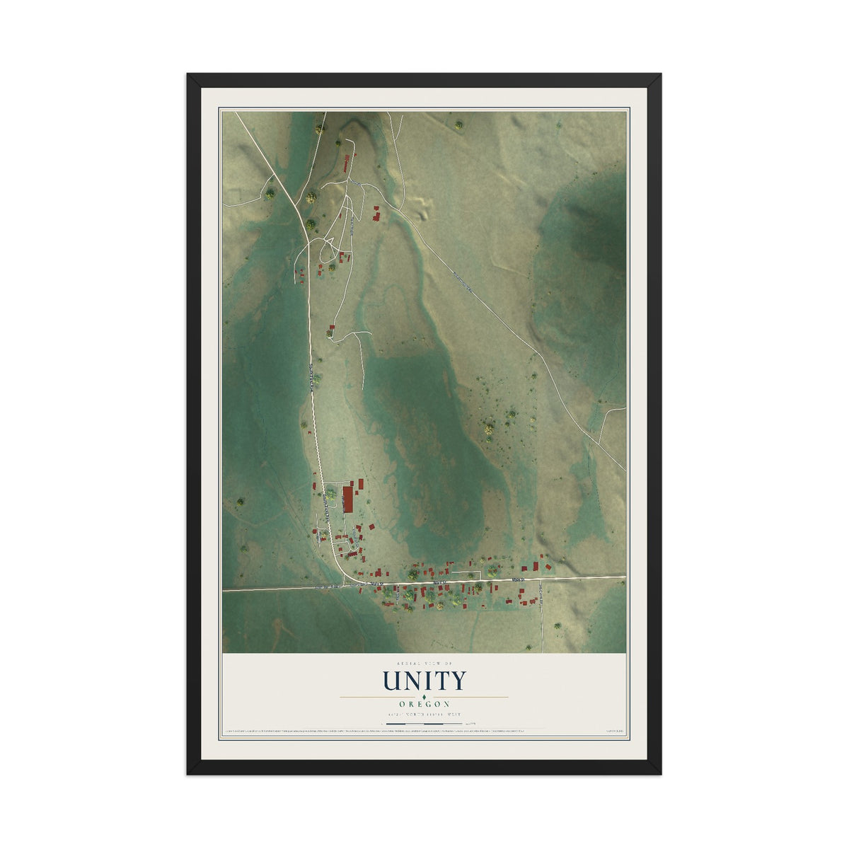 Map of Unity, Oregon, 12 x 18 inch print in a black wood frame
