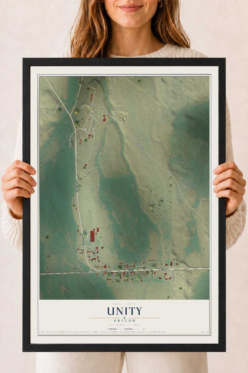 Map of Unity, Oregon, 18 x 24 inch print in a black wood frame