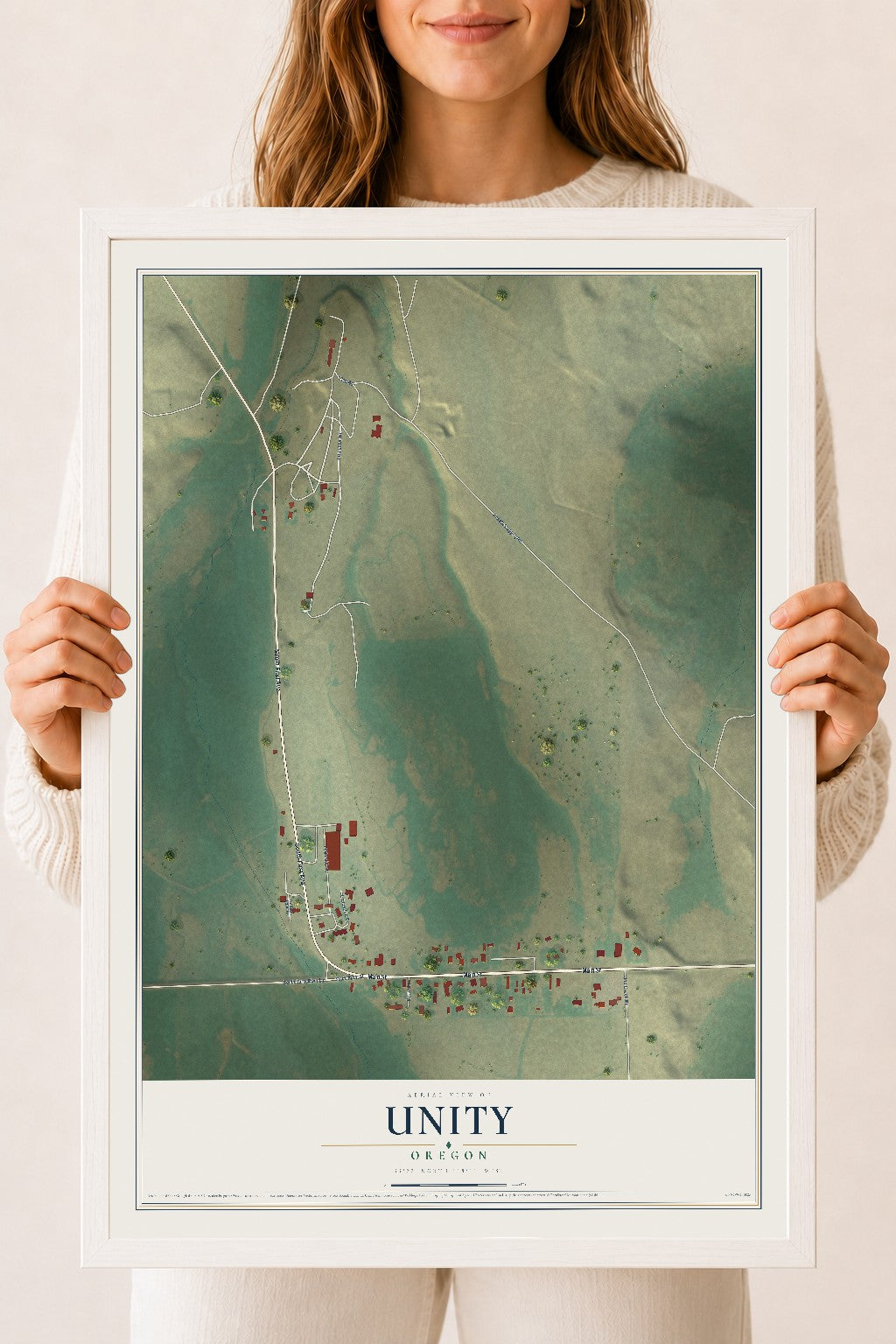Map of Unity, Oregon, 18 x 24 inch print in a white wood frame