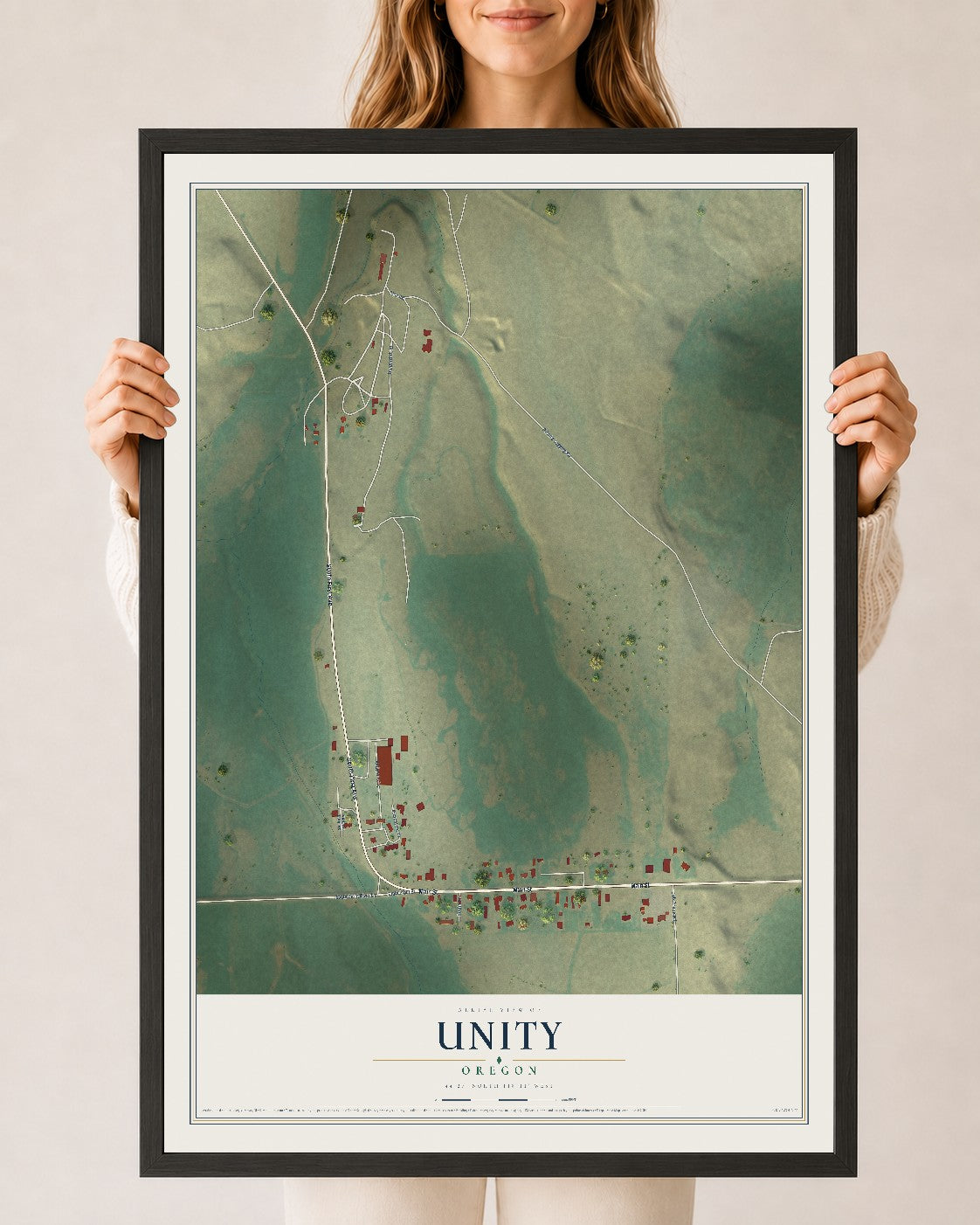 Map of Unity, Oregon, 24 x 36 inch print in a black wood frame