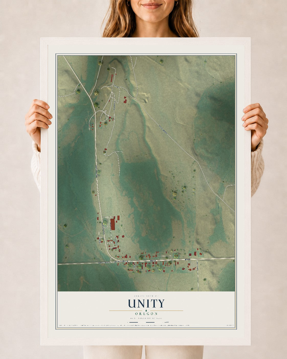 Map of Unity, Oregon, 24 x 36 inch print in a white wood frame