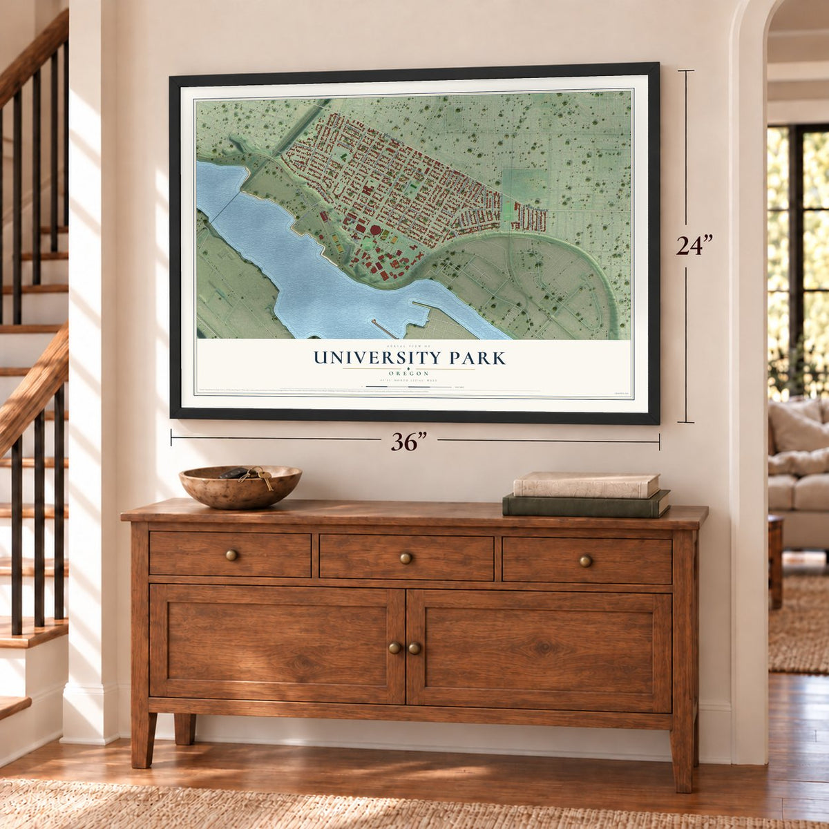 University Park, Oregon map, 24 x 36 inch print in a black frame above a dresser by a staircase