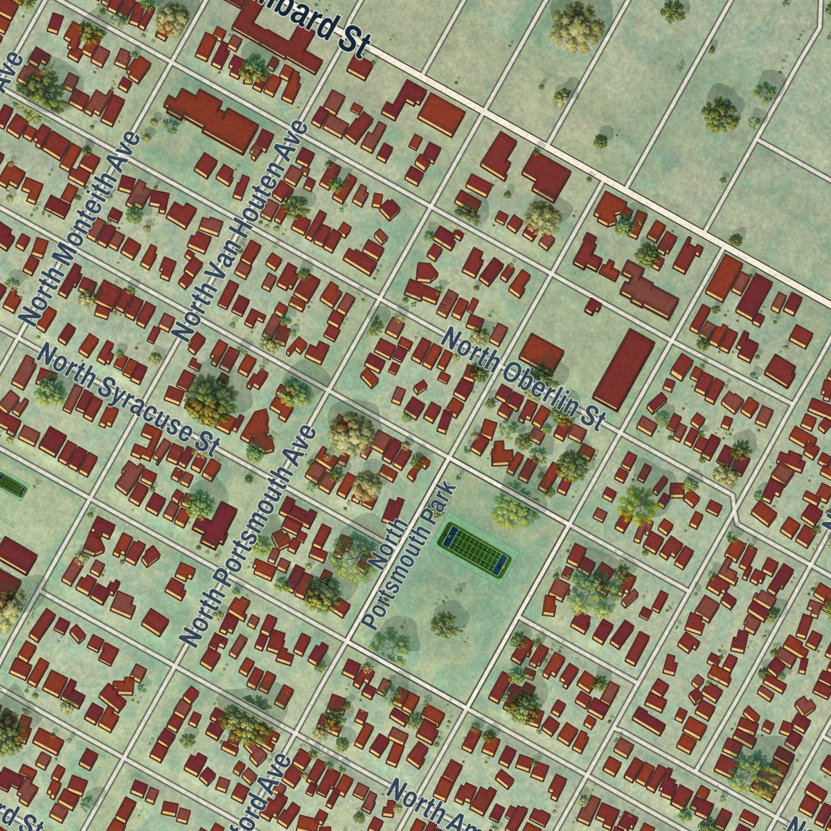 Close-up of the map of University Park, Oregon print showing street and building detail