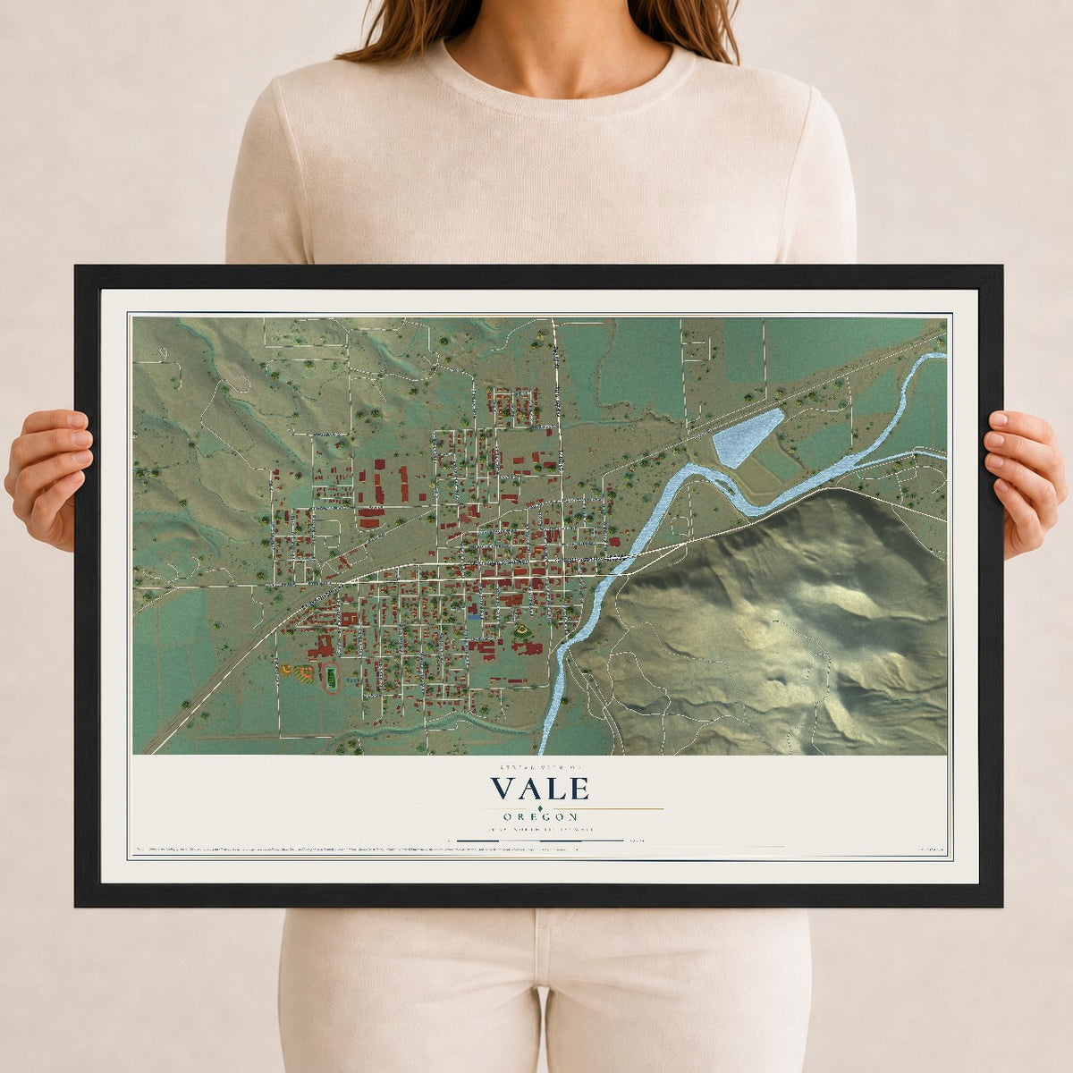 Map of Vale, Oregon, 12 x 18 inch print in a black wood frame