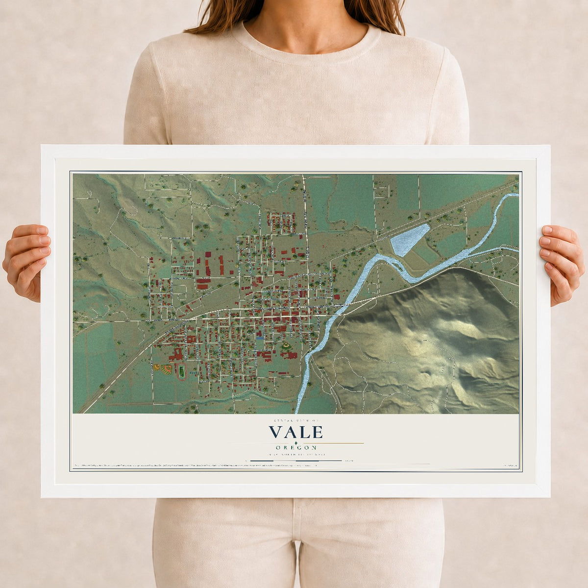 Map of Vale, Oregon, 12 x 18 inch print in a white wood frame