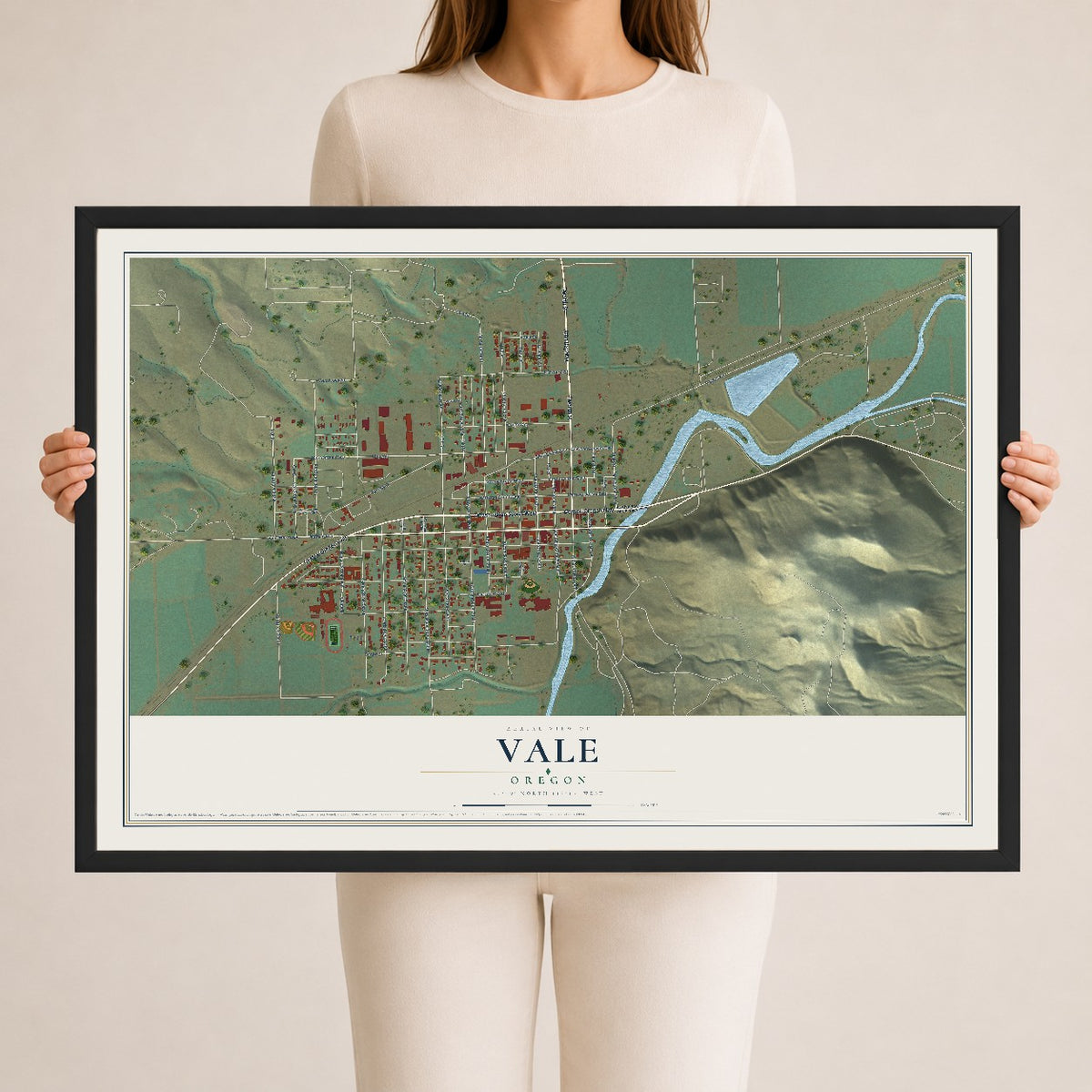 Map of Vale, Oregon, 24 x 36 inch print in a black wood frame