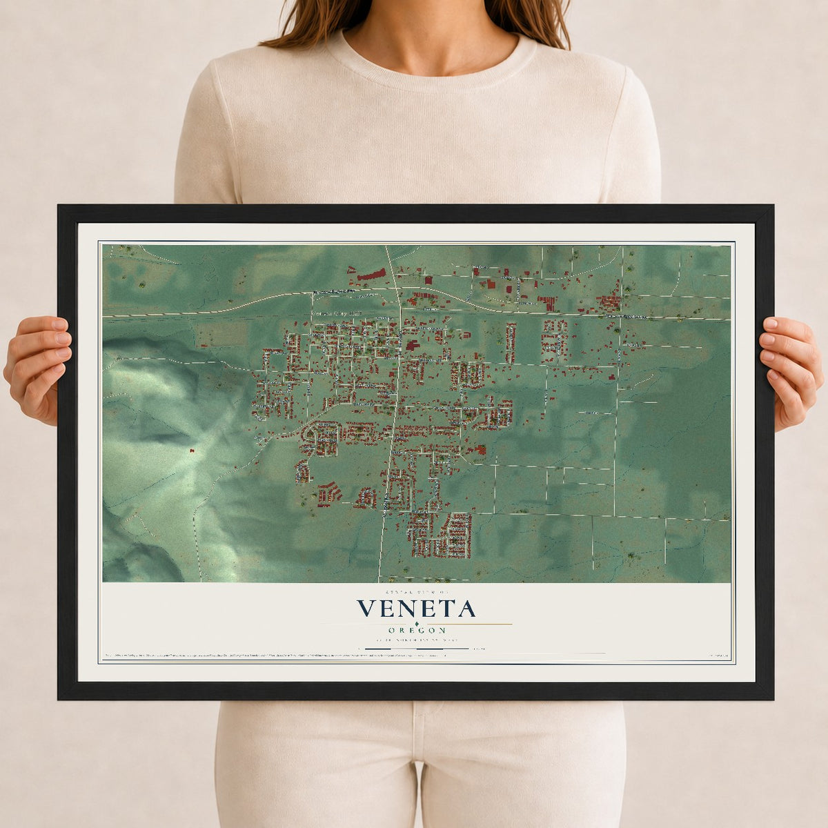 Map of Veneta, Oregon, 12 x 18 inch print in a black wood frame