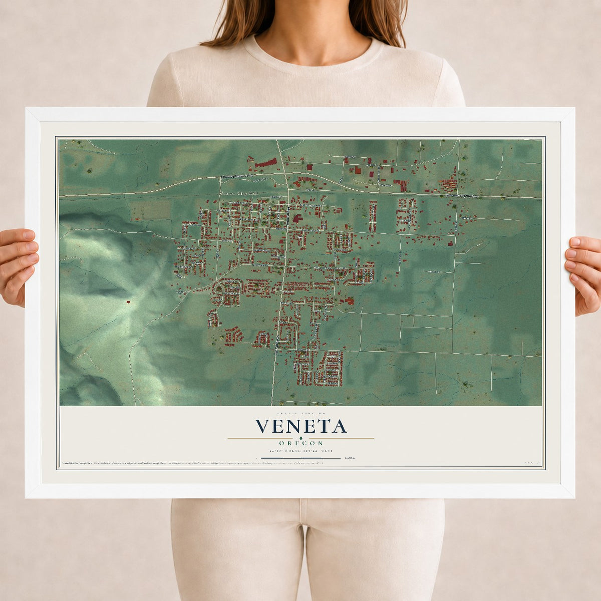 Map of Veneta, Oregon, 18 x 24 inch print in a white wood frame