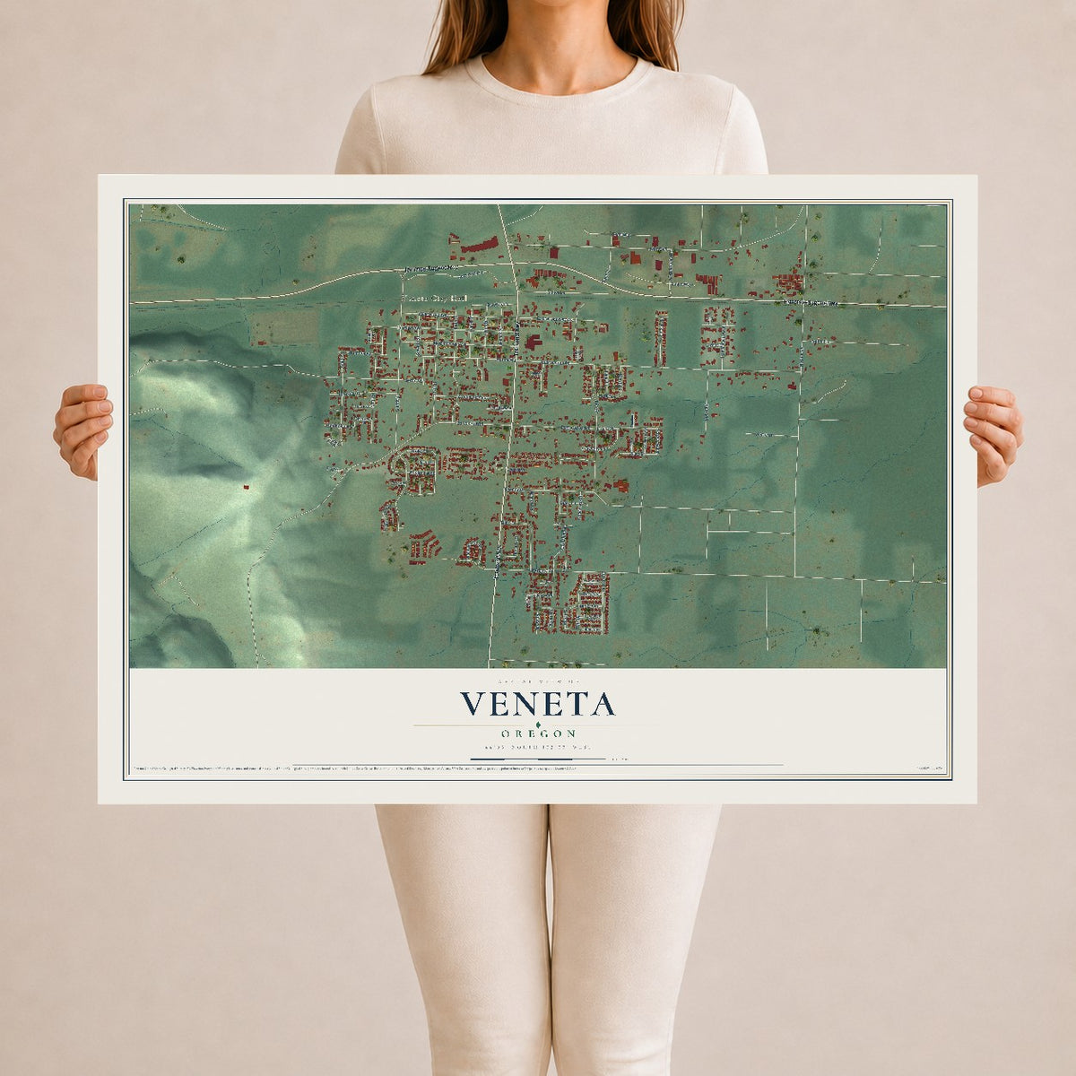 Map of Veneta, Oregon, 24 x 36 inch unframed archival matte print