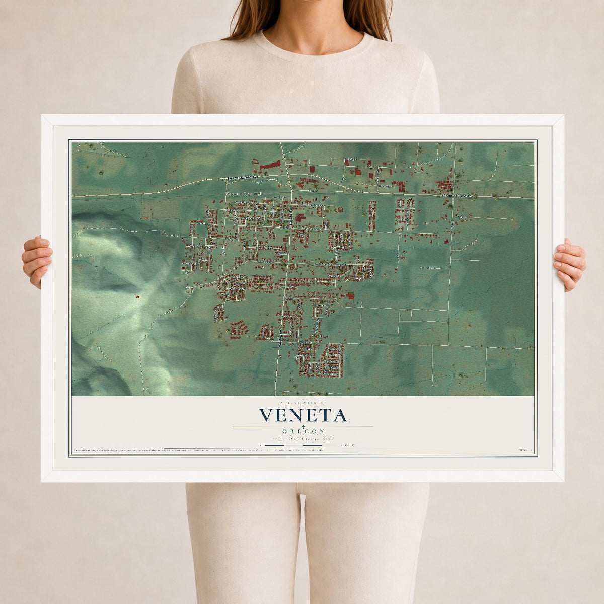 Map of Veneta, Oregon, 24 x 36 inch print in a white wood frame