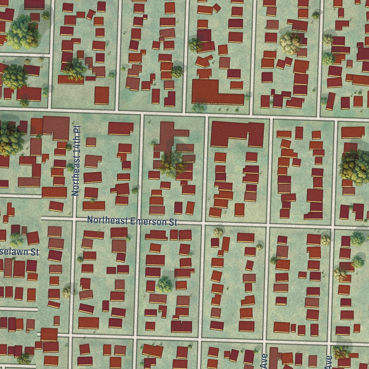 Close-up of the map of Vernon, Oregon print showing street and building detail