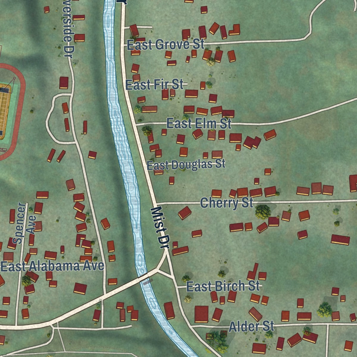 Second close-up of the map of Vernonia, Oregon print showing more streets and buildings
