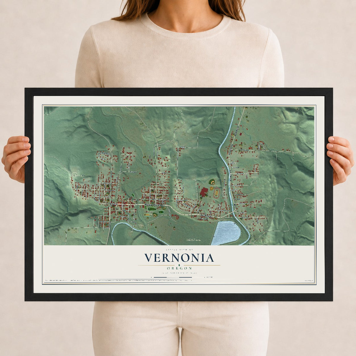 Map of Vernonia, Oregon, 12 x 18 inch print in a black wood frame