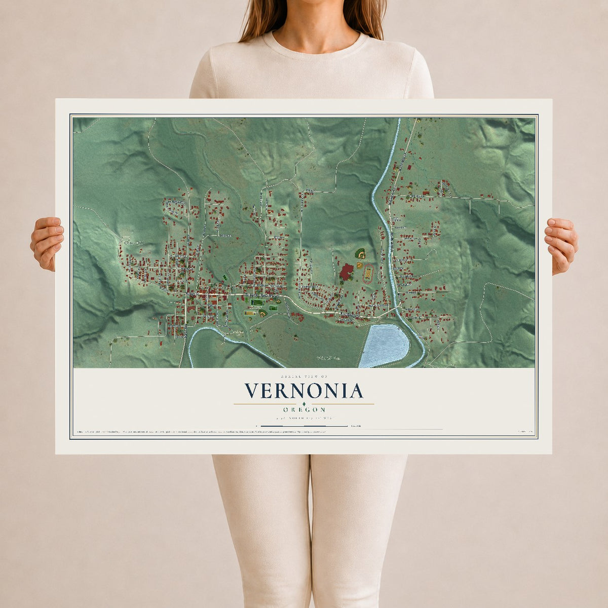 Map of Vernonia, Oregon, 24 x 36 inch unframed archival matte print