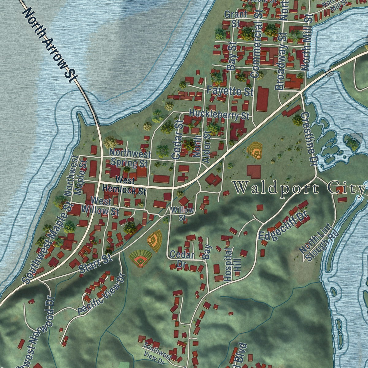 Close-up of the map of Waldport, Oregon print showing street and building detail