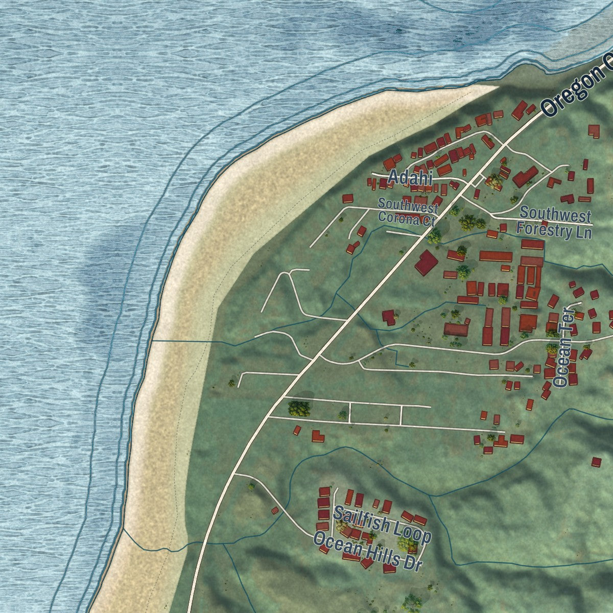Second close-up of the map of Waldport, Oregon print showing more streets and buildings