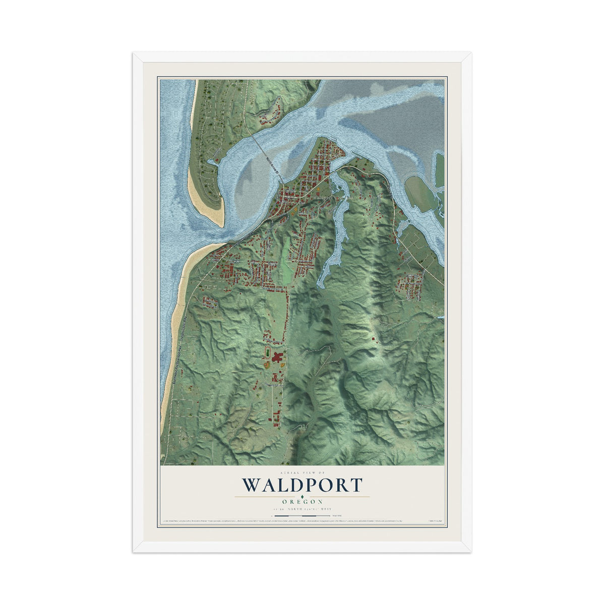 Map of Waldport, Oregon, 12 x 18 inch print in a white wood frame