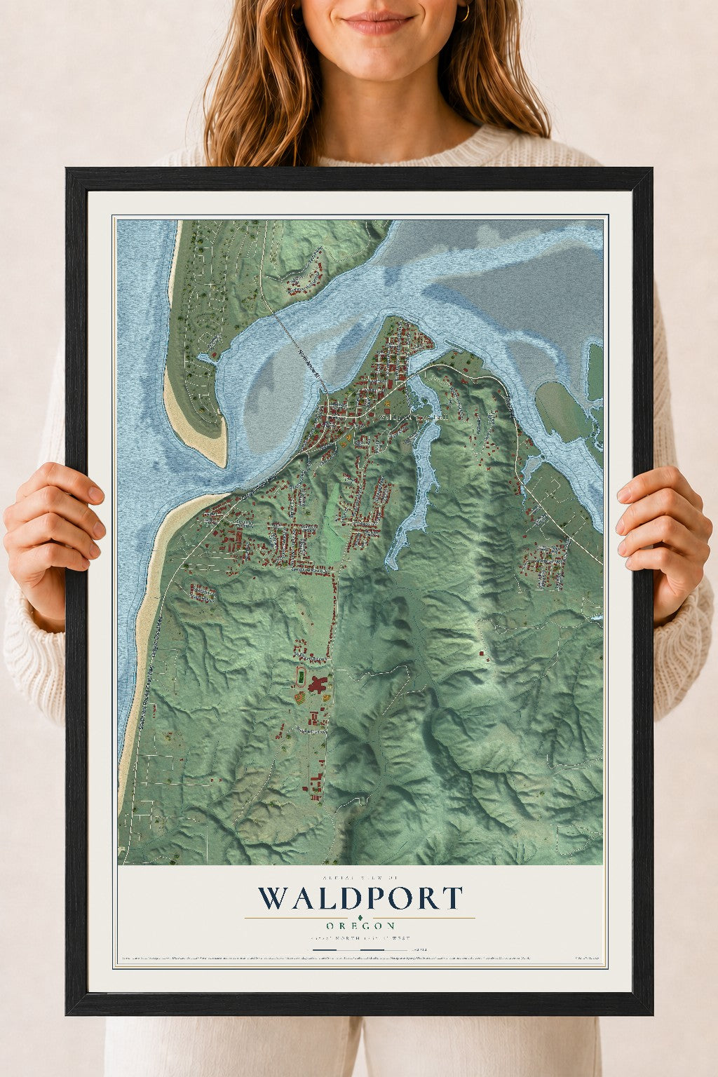 Map of Waldport, Oregon, 18 x 24 inch print in a black wood frame