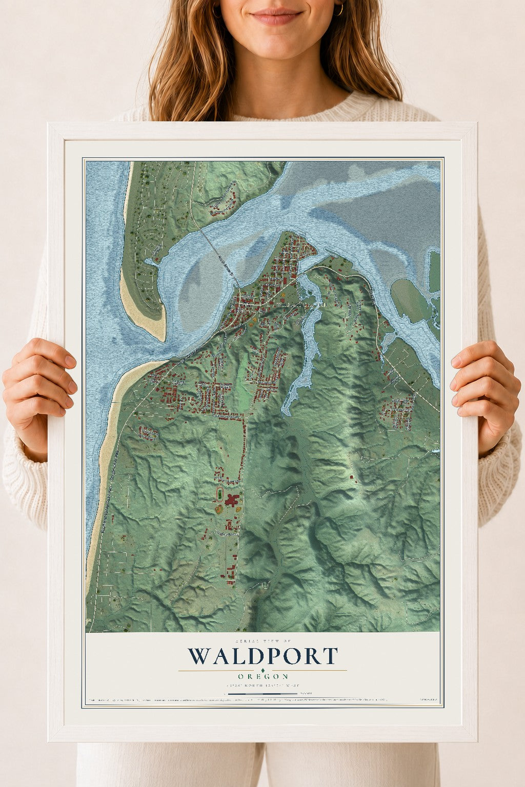 Map of Waldport, Oregon, 18 x 24 inch print in a white wood frame