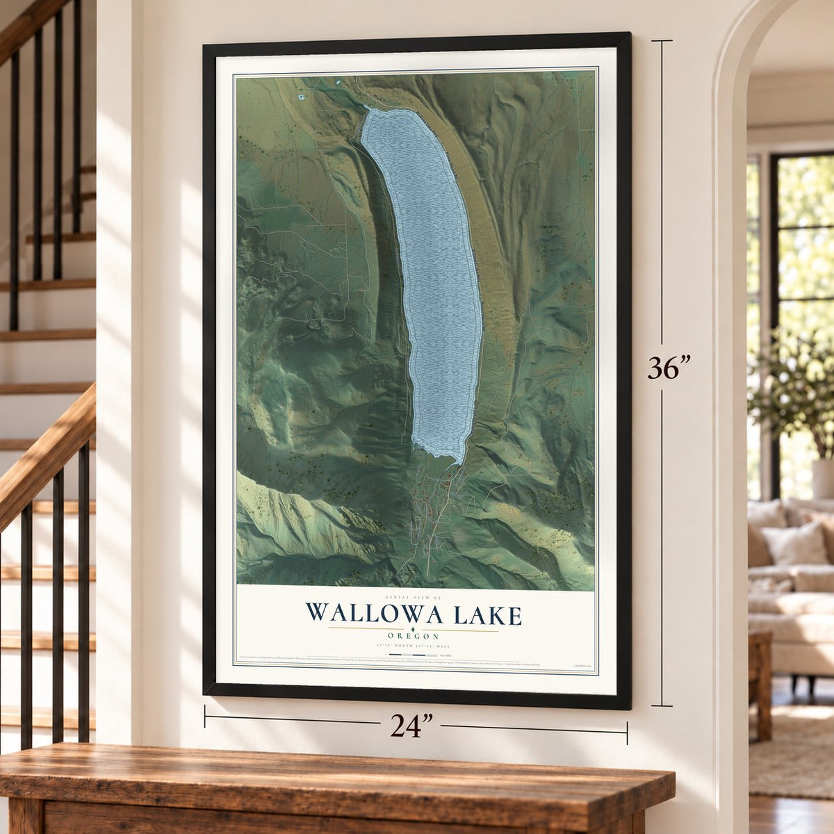 Wallowa Lake, Oregon map, 24 x 36 inch print in a black frame by a staircase
