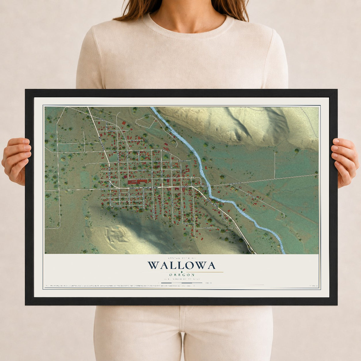 Map of Wallowa, Oregon, 12 x 18 inch print in a black wood frame