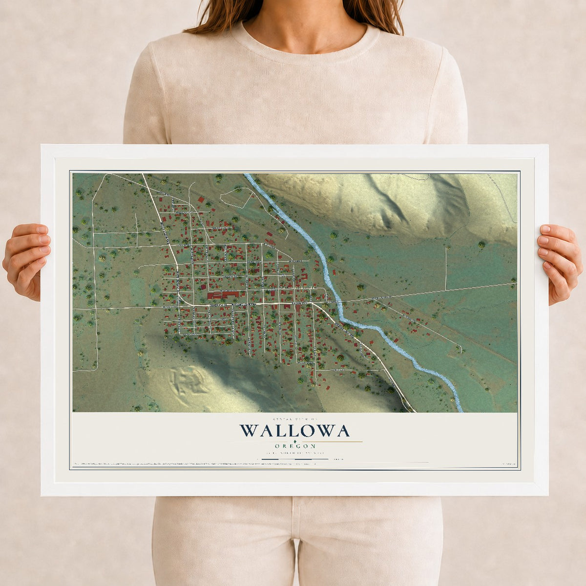 Map of Wallowa, Oregon, 12 x 18 inch print in a white wood frame