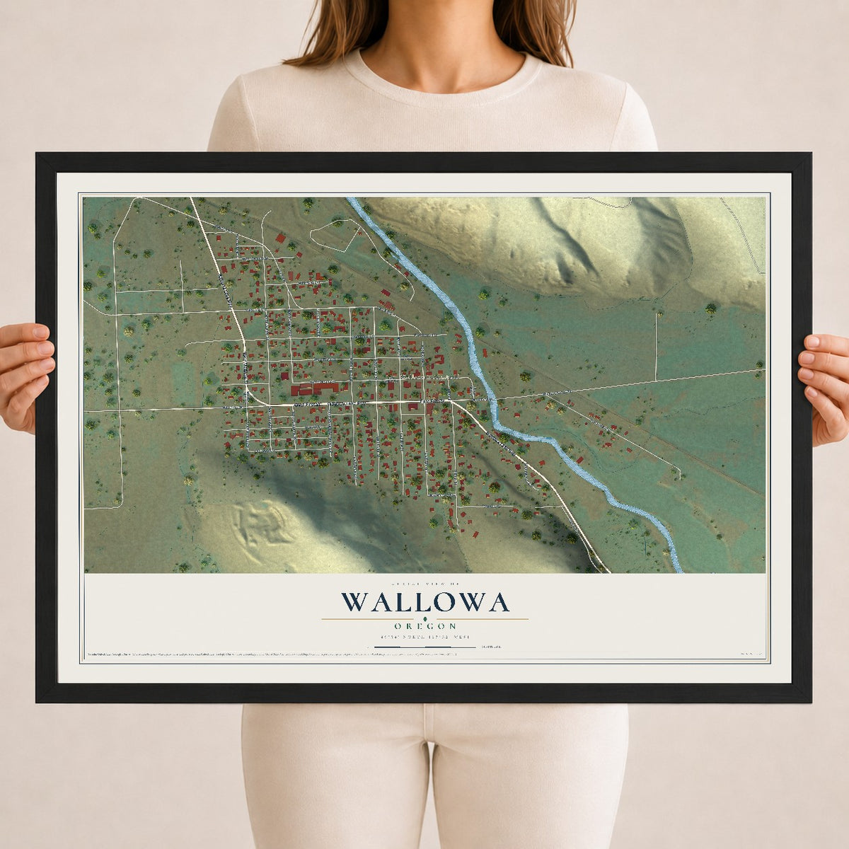 Map of Wallowa, Oregon, 18 x 24 inch print in a black wood frame