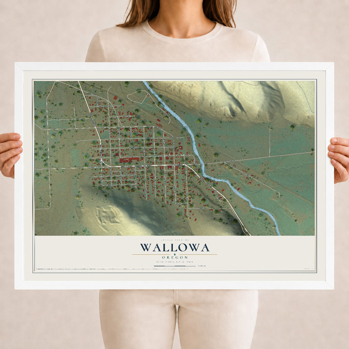 Map of Wallowa, Oregon, 18 x 24 inch print in a white wood frame