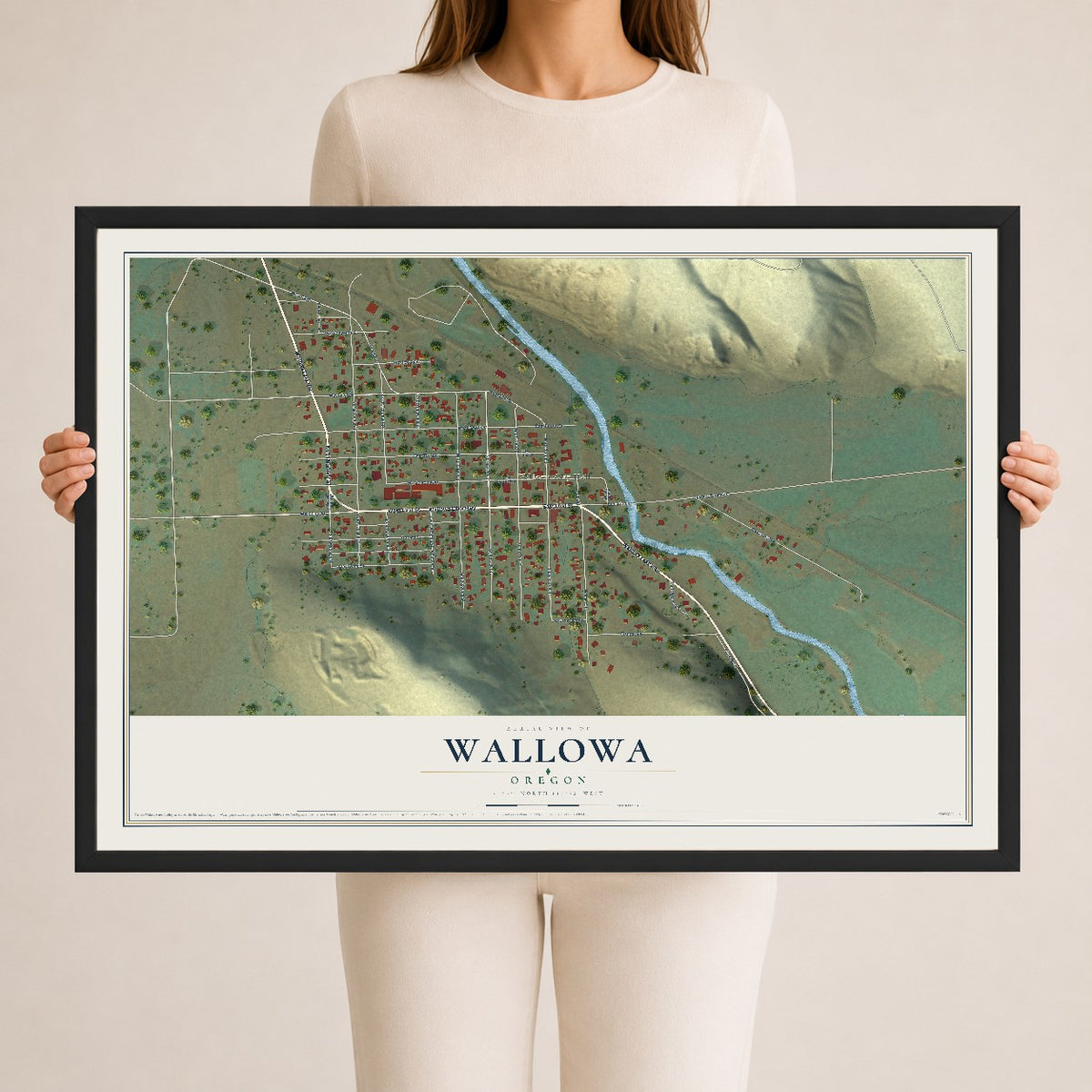 Map of Wallowa, Oregon, 24 x 36 inch print in a black wood frame