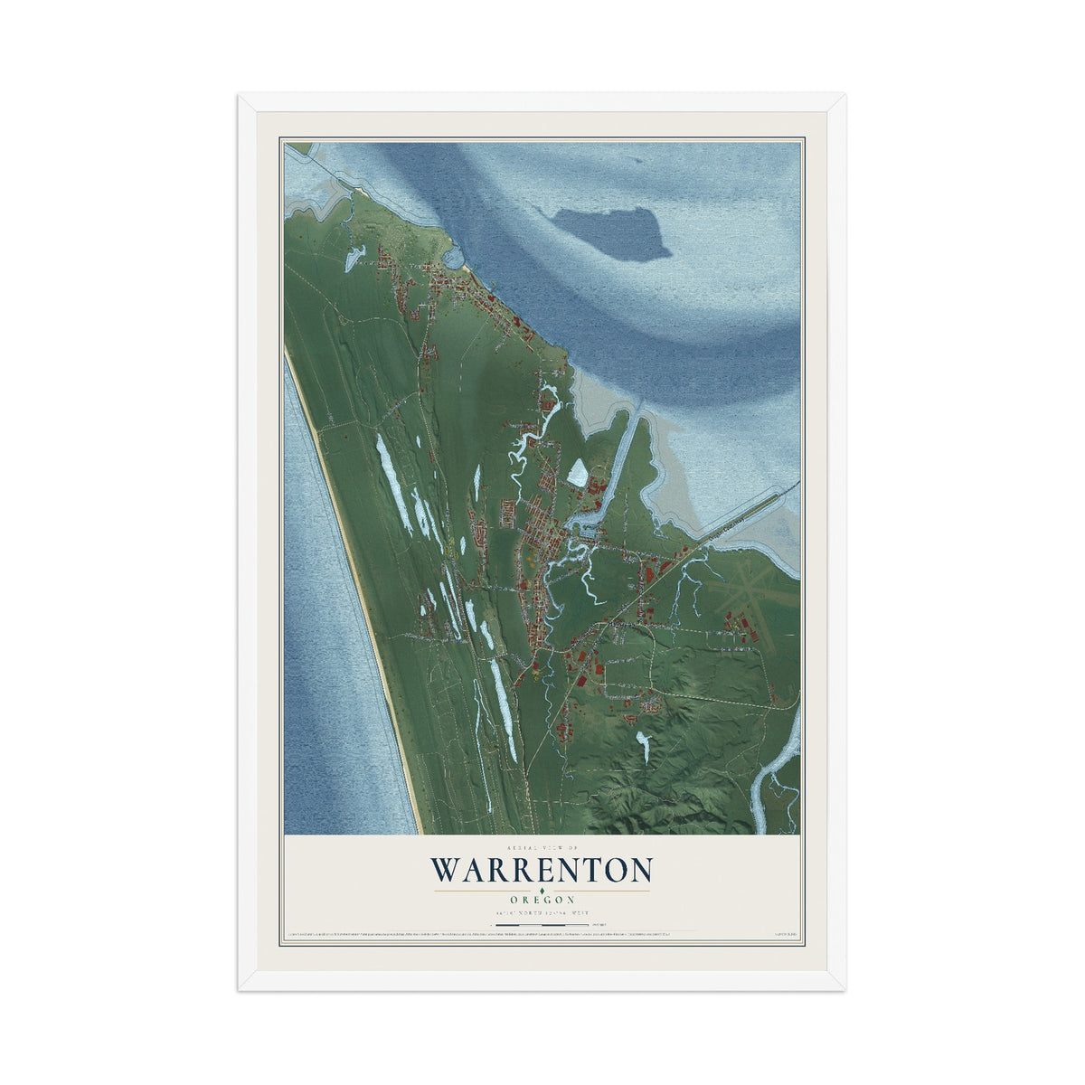 Map of Warrenton, Oregon, 12 x 18 inch print in a white wood frame