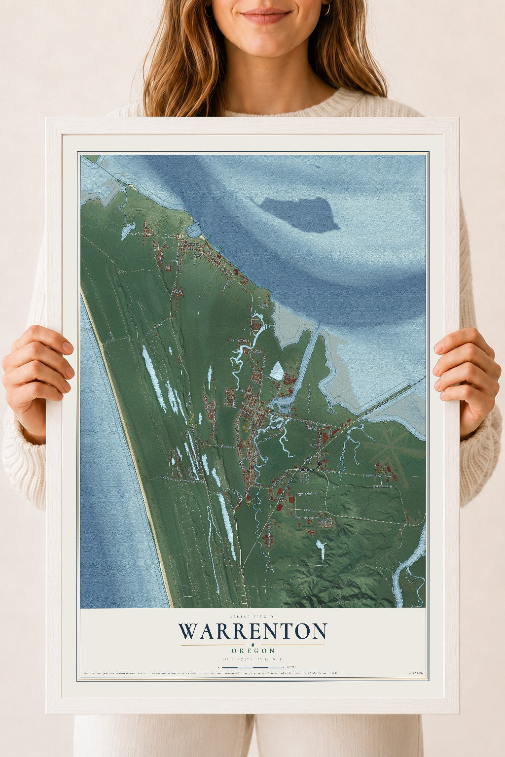 Map of Warrenton, Oregon, 18 x 24 inch print in a white wood frame