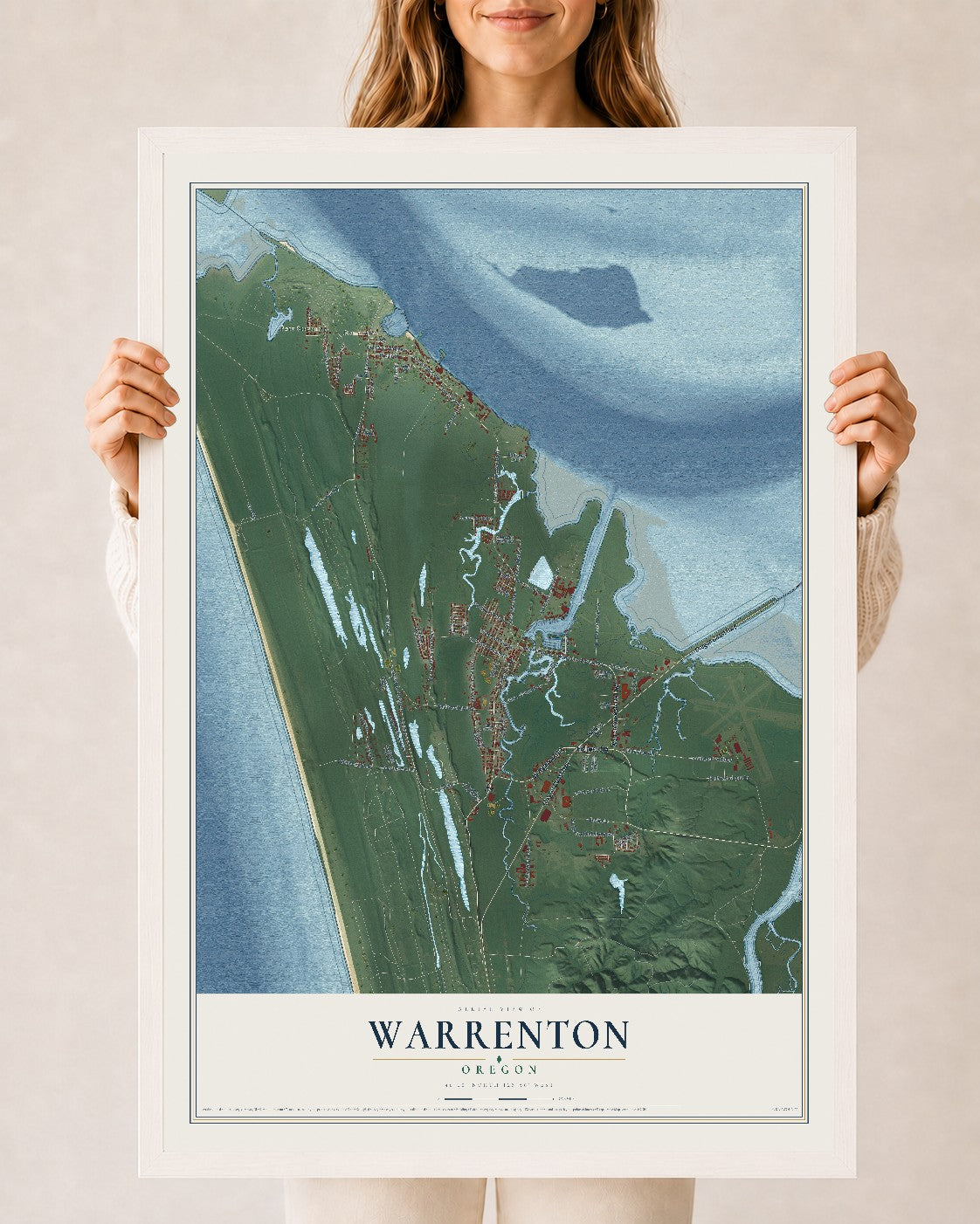 Map of Warrenton, Oregon, 24 x 36 inch print in a white wood frame