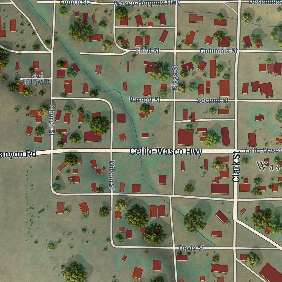 Close-up of the map of Wasco, Oregon print showing street and building detail