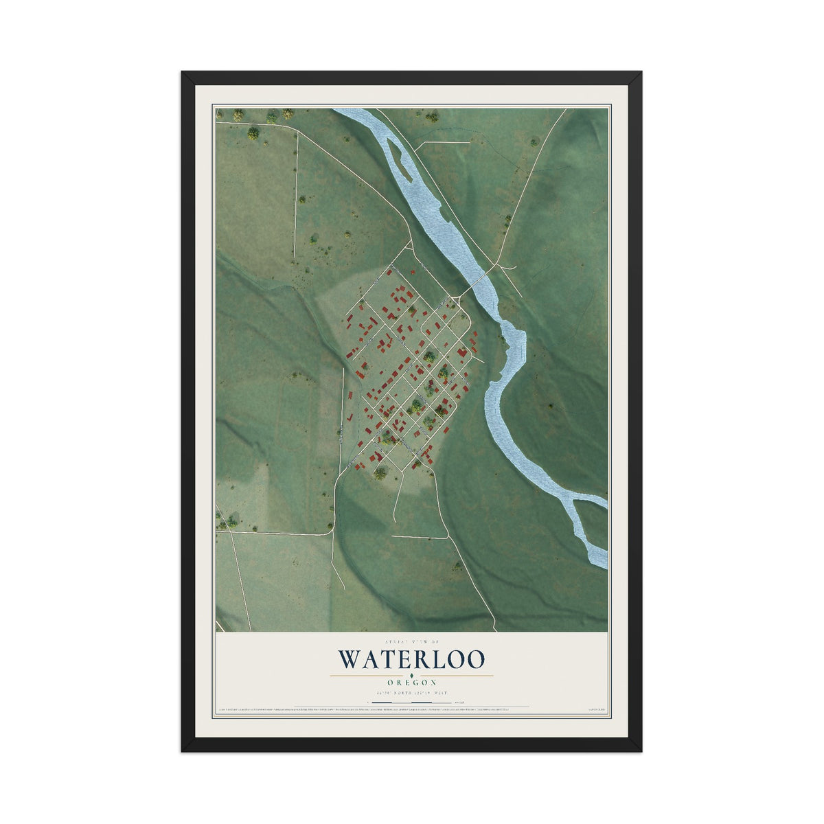 Map of Waterloo, Oregon, 12 x 18 inch print in a black wood frame