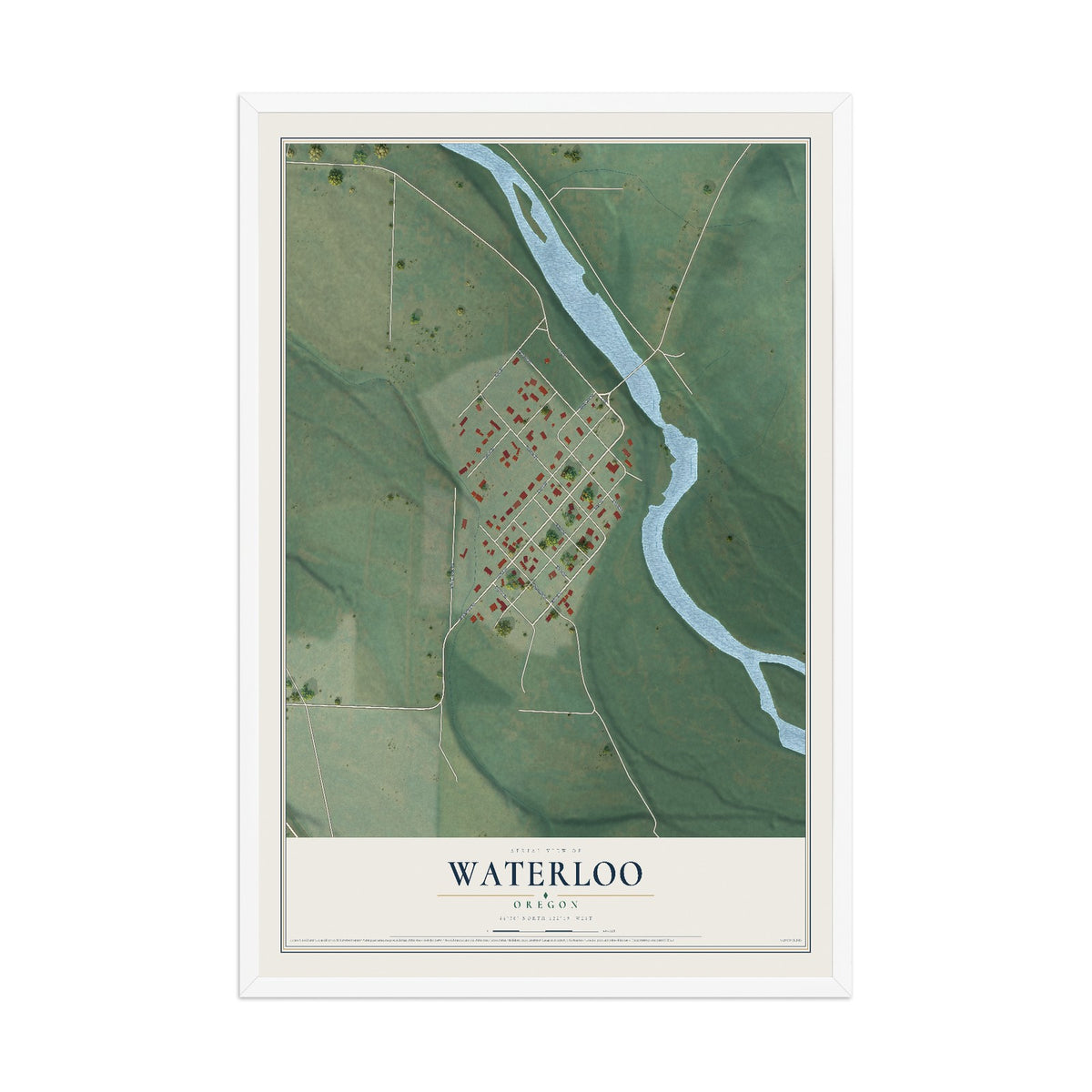 Map of Waterloo, Oregon, 12 x 18 inch print in a white wood frame