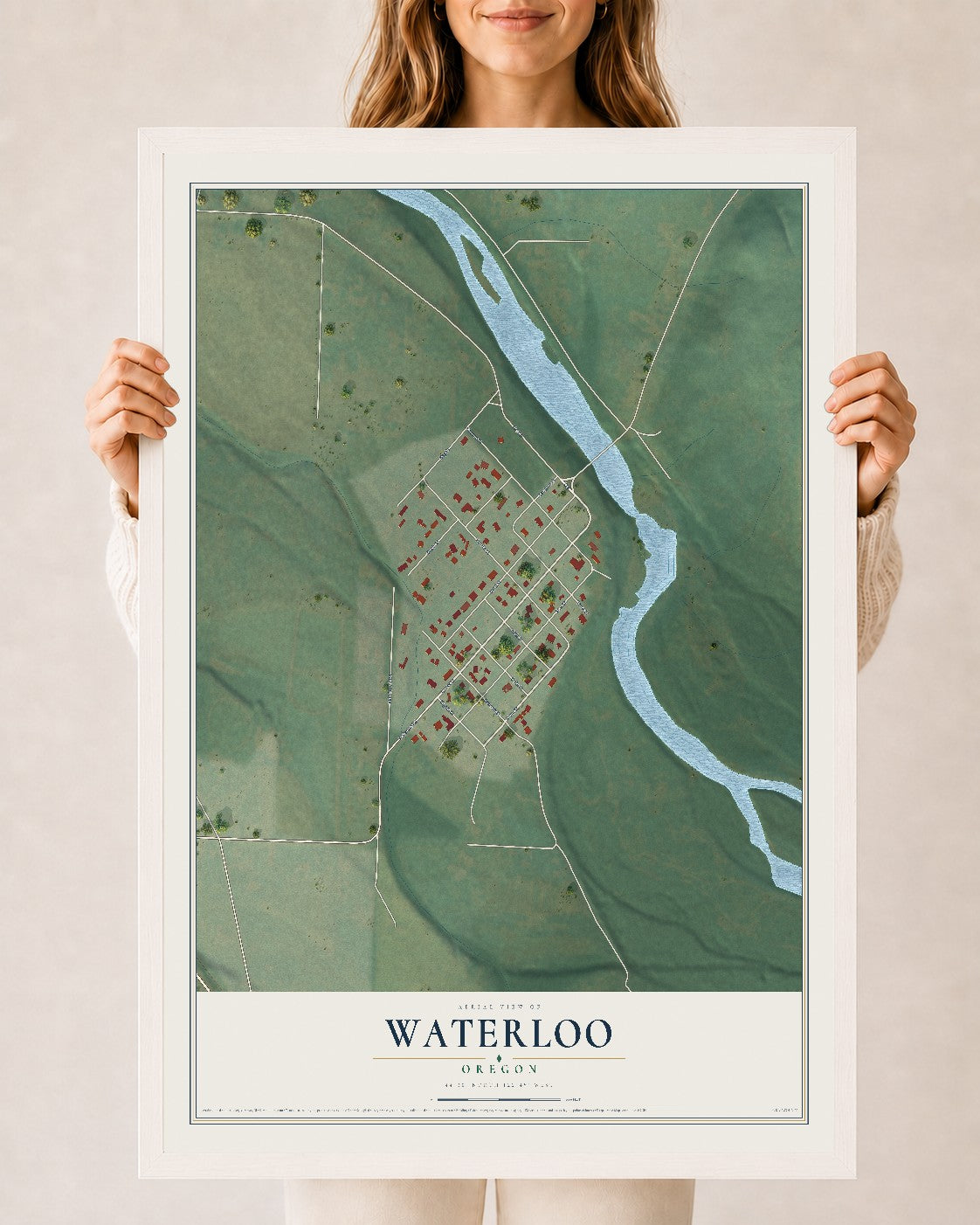 Map of Waterloo, Oregon, 24 x 36 inch print in a white wood frame