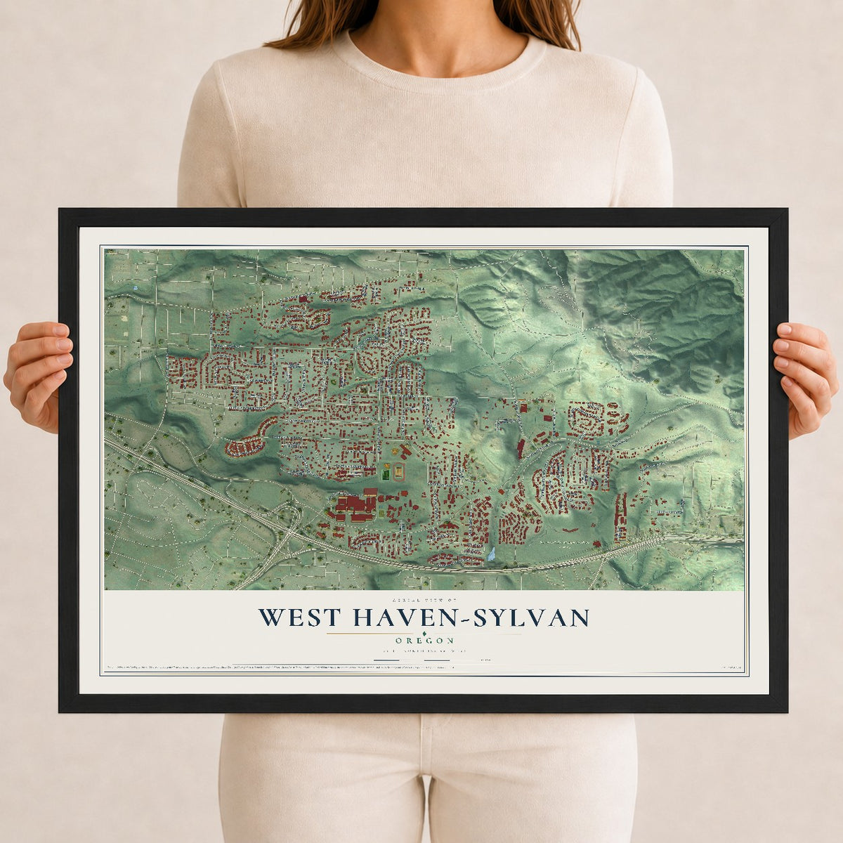 Map of West Haven-Sylvan, Oregon, 12 x 18 inch print in a black wood frame