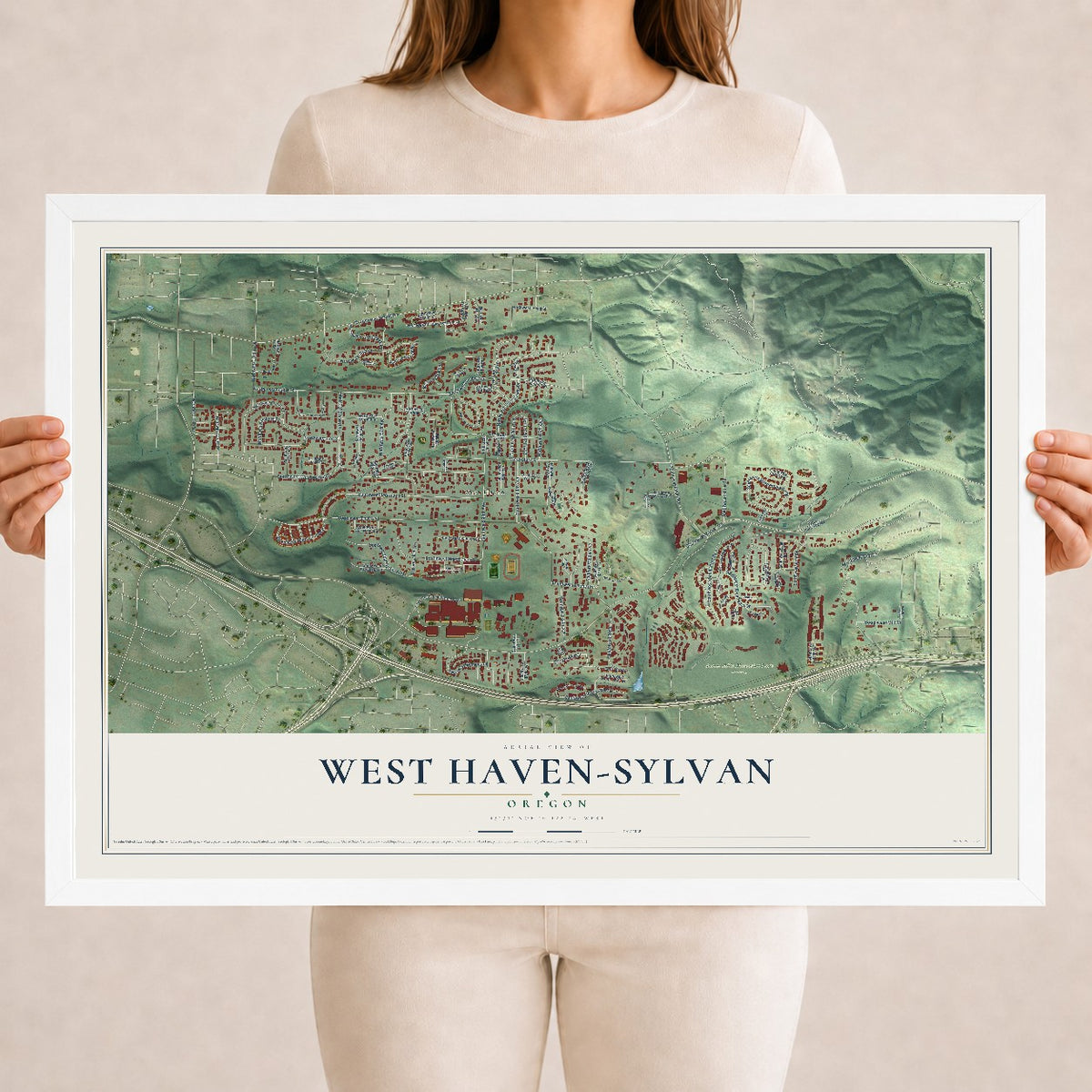 Map of West Haven-Sylvan, Oregon, 18 x 24 inch print in a white wood frame
