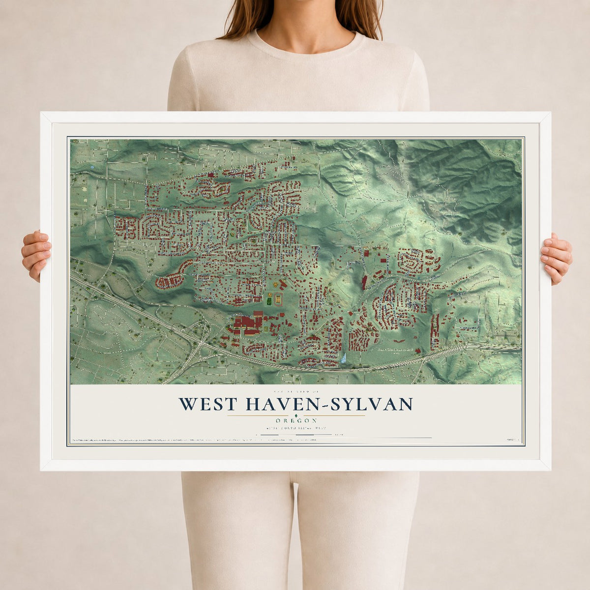 Map of West Haven-Sylvan, Oregon, 24 x 36 inch print in a white wood frame