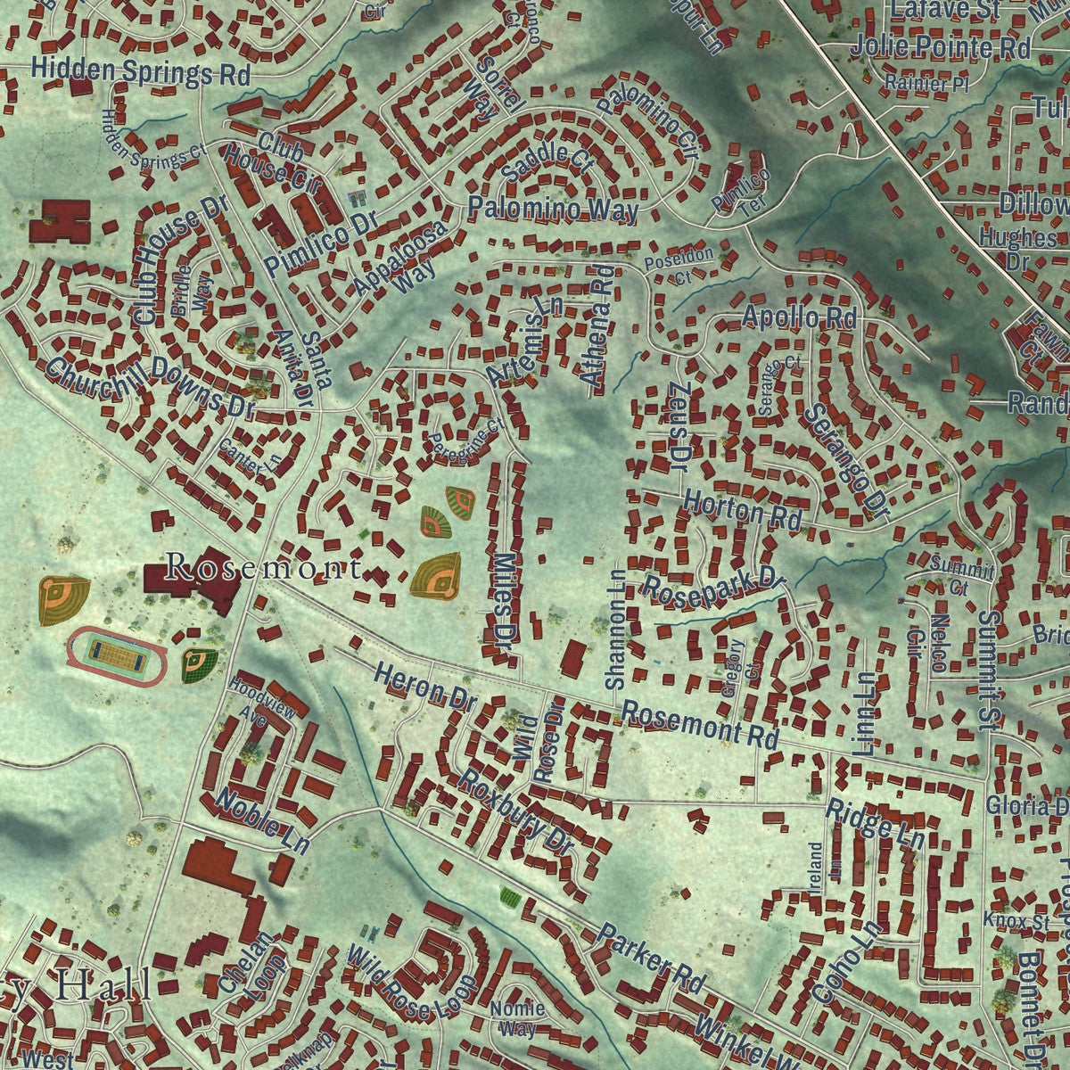Close-up of the map of West Linn, Oregon print showing street and building detail