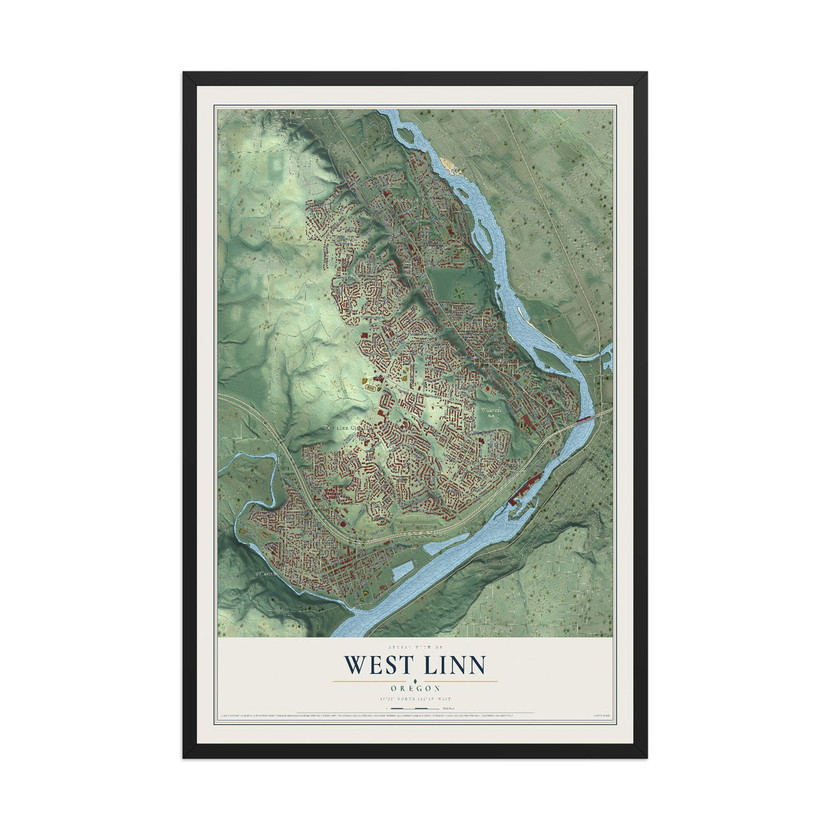 Map of West Linn, Oregon, 12 x 18 inch print in a black wood frame