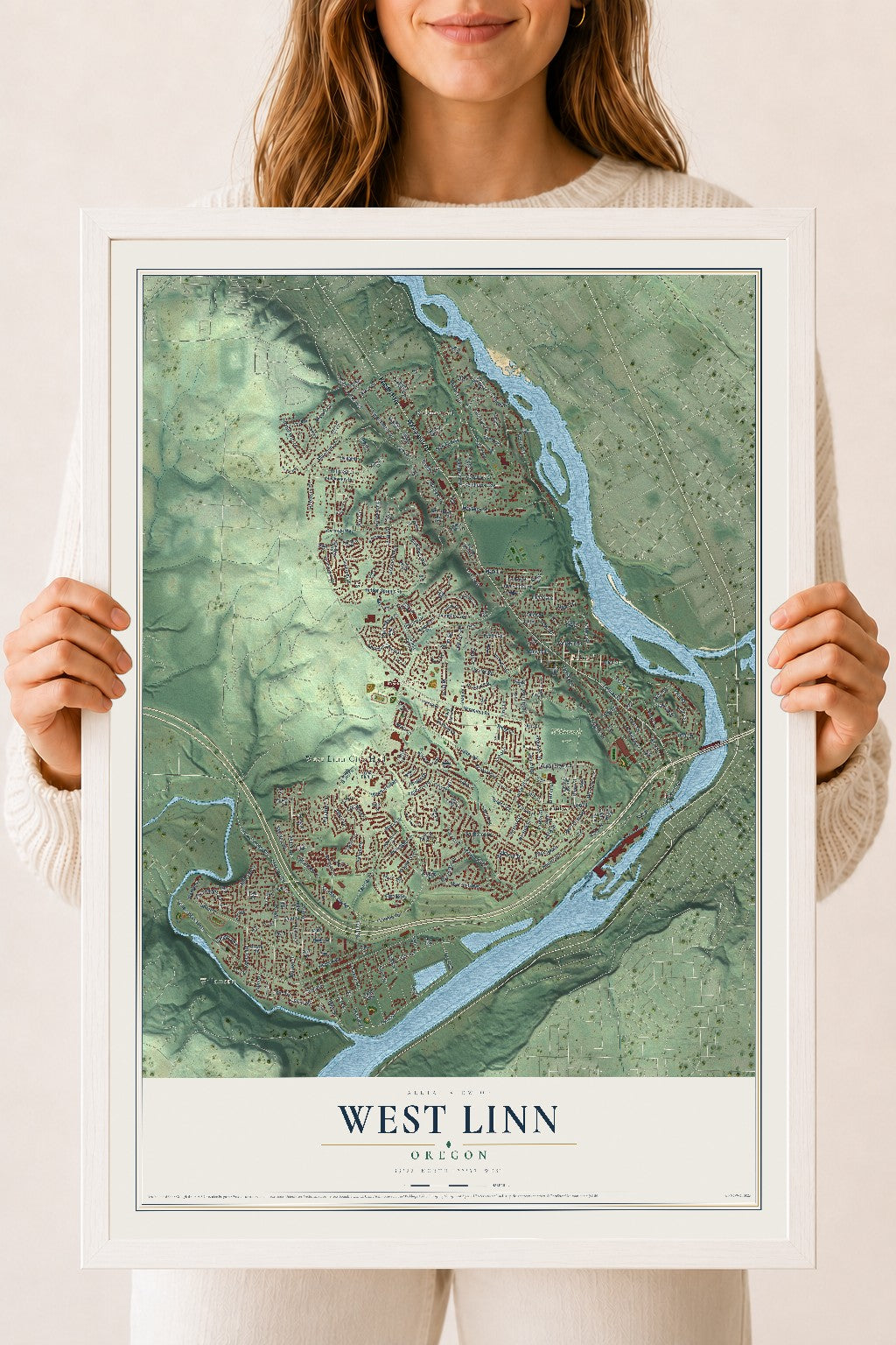 Map of West Linn, Oregon, 18 x 24 inch print in a white wood frame