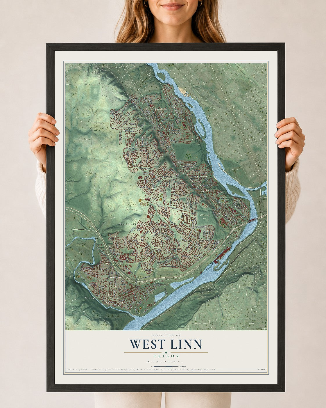 Map of West Linn, Oregon, 24 x 36 inch print in a black wood frame