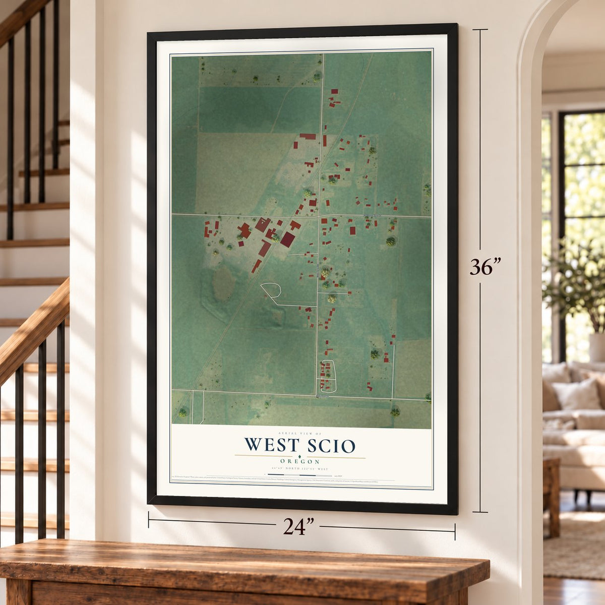 West Scio, Oregon map, 24 x 36 inch print in a black frame by a staircase