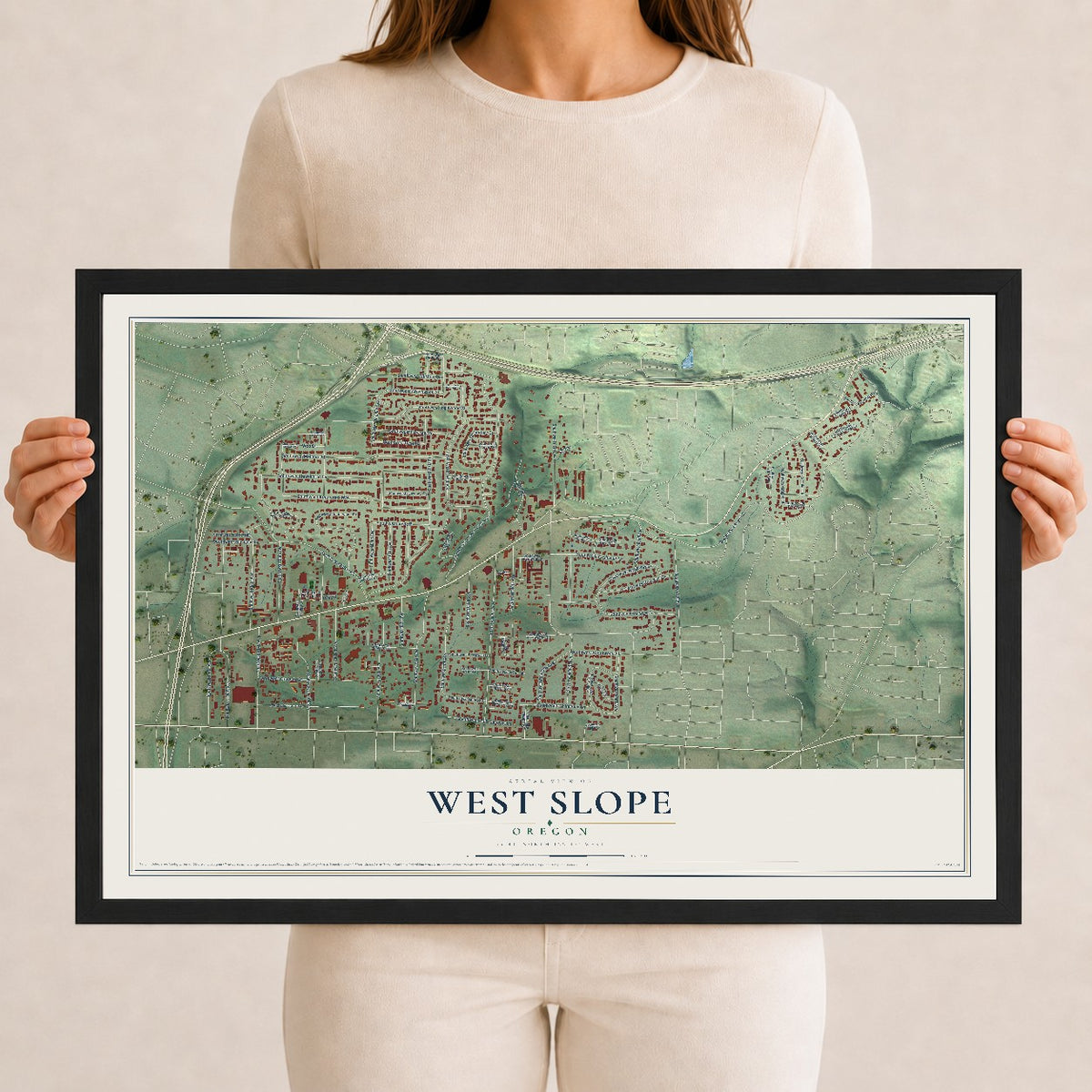 Map of West Slope, Oregon, 12 x 18 inch print in a black wood frame