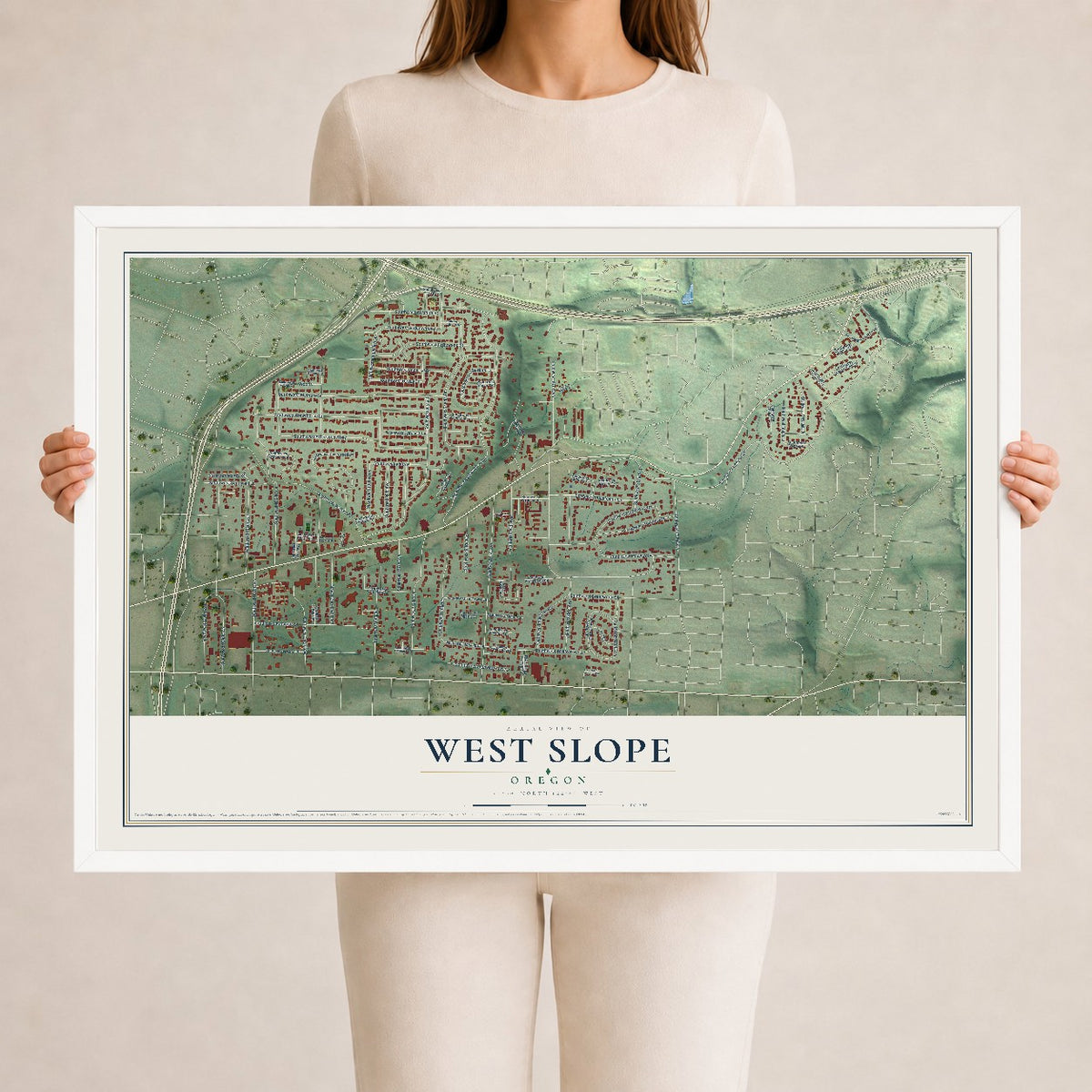 Map of West Slope, Oregon, 24 x 36 inch print in a white wood frame